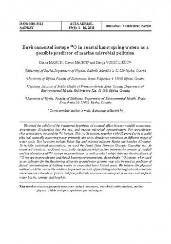 Environmental isotope 18 O in coastal karst spring waters as a possible predictor of marine microbial pollution /Diana Mance, Davor Mance, Darija Vukić Lušić.