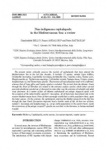 Non-indigenous cephalopods in the Mediterranean Sea : a review / Giambattista Bello, Franco Andaloro, Pietro Battaglia.