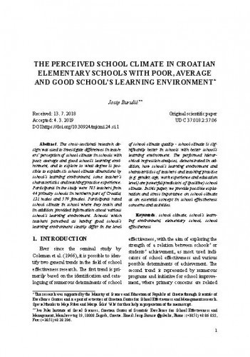 The perceived school climate in Croatian elementary schools with poor, average and good school's learning environment / Josip Burušić.
