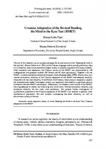 Croatian adaptation of the revised Reading the Mind in the Eyes Test (RMET) / Marina Kotrla Topić, Marina Perković Kovačević.