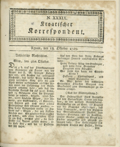 Kroatischer Korrespondent : 1,39(1789)   / [Johann Thomas].