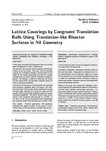 Lattice coverings by congruent translation balls using translation-like bisector surfaces in Nil geometry / Angéla Vránics, Jenö Szirmai.