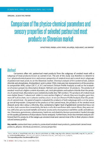 Comparison of the physico-chemical parameters and sensory properties of selected pasteurized meat products on Slovenian market   / Tomaž Polak, Mateja Lušnic Polak, Iva Zahija, Katja Babič, Lea Demšar.
