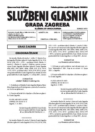 Službeni glasnik grada Zagreba : 65, 14(2021) / glavna urednica Mirjana Lichtner Kristić.