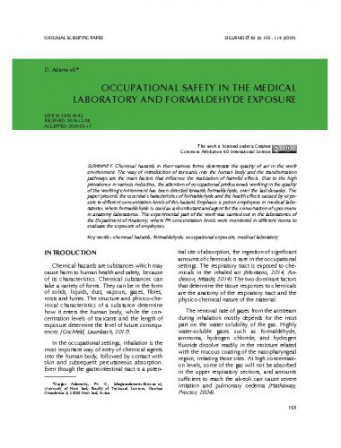 Occupational safety in the medical laboratory and formaldehyde exposure   / Dragan Adamović.