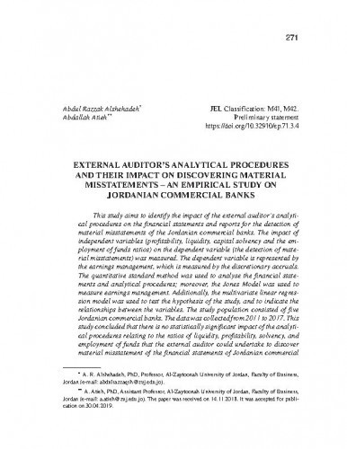 External auditor's analytical procedures and their impact on discovering material misstatements : an empirical study on Jordanian commercial banks / Abdul Razzak Alshehadeh, Abdallah Atieh.