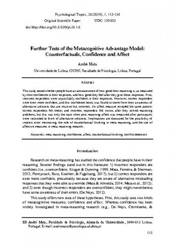Further tests of the metacognitive advantage model : counterfactuals, confidence and affect / André Mata.