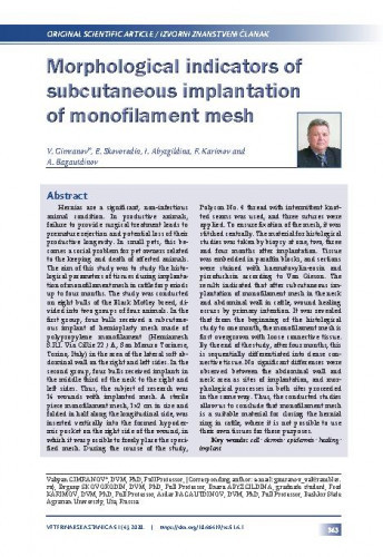 Morphological indicators of subcutaneous implantation of monofilament mesh / Valiyan Gimranov, Evgeny Skovorodin, Ilnara Abyzgildina, Foat Karimov, Aidar Bagautdinov.