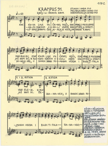 Krampus 91 : dječji ili ženski zbor / harmonizacija Dinko Fio ; melodija Nada i Dinko Fio ; stihovi Nada Fio.