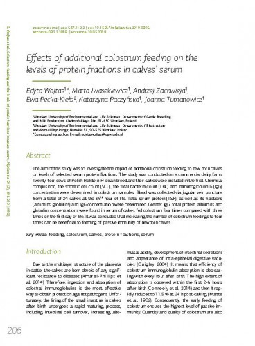 Effects of additional colostrum feeding on the levels of protein fractions in calves' serum / Edyta Wojtas, Marta Iwaszkiewicz, Andrzej Zachwieja, Ewa Pecka-Kiełb, Katarzyna Paczyńska, Joanna Tumanowicz.