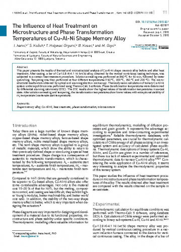 The influence of heat treatment on microstructure and phase transformation Temperatures of Cu-Al-Ni shape memory alloy / Ivana Ivanić, Stjepan Kožuh, Tamara Holjevac Grgurić, Borut Kosec, Mirko Gojić.