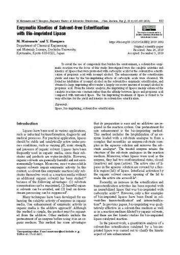 Enzymatic kinetics of solvent-free esterification with bio-imprinted lipase / M. Matsumoto, Y. Hasegawa.