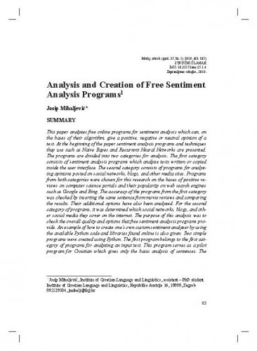 Analysis and creation of free sentiment analysis programs / Josip Mihaljević.