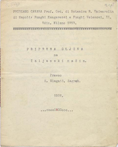 Priprema gljiva na talijanski način / Fridiano Cavara ; preveo K. Blagaić.