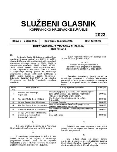 Službeni glasnik Koprivničko-križevačke županije : 31,6 (2023)  / glavni i odgovorni urednik Ljubica Belobrk Flamaceta.