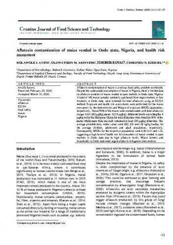 Aflatoxin contamination of maize vended in Ondo state, Nigeria, and health risk assessments / Kolawole I. Ayeni, Oluwatosin M. Akinyemi, Tihomir Kovač, Chibundu N. Ezekiel.