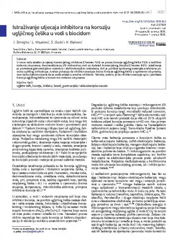 Istraživanje utjecaja inhibitora na koroziju ugljičnog čelika u vodi s biocidom / Ivana Smoljko, Ladislav Vrsalović, Senka Gudić, Klara Đaković.