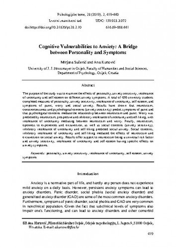 Cognitive vulnerabilities to anxiety : a bridge between personality and symptoms / Mirjana Sučević, Ana Kurtović.