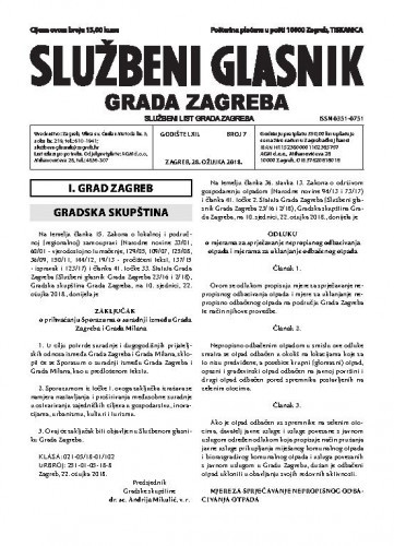 Službeni glasnik grada Zagreba : 62,7(2018) / glavna urednica Mirjana Lichtner Kristić.