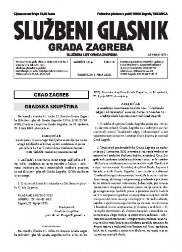Službeni glasnik grada Zagreba : 64,16(2020) / glavna urednica Mirjana Lichtner Kristić.