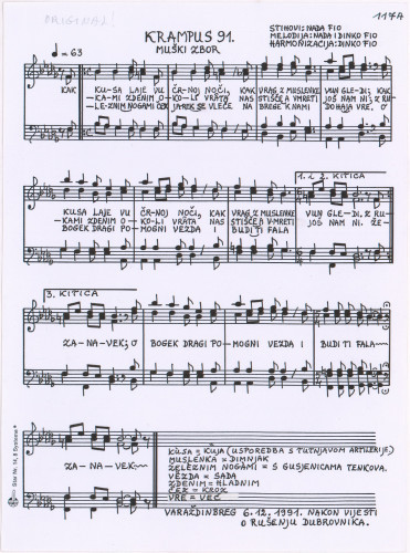 Krampus 91 : muški zbor / harmonizacija Dinko Fio ; melodija Nada i Dinko Fio ; stihovi Nada Fio.