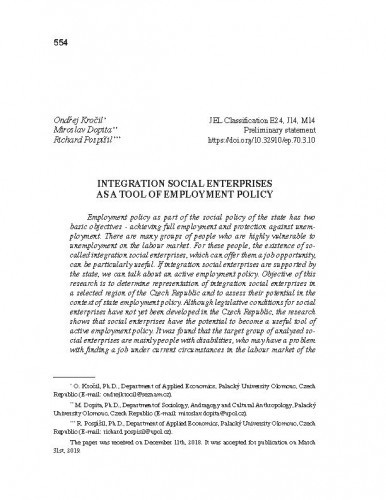 Integration social enterprises as a tool of employment policy / Ondřej Kročil, Miroslav Dopita, Richard Pospíšil.