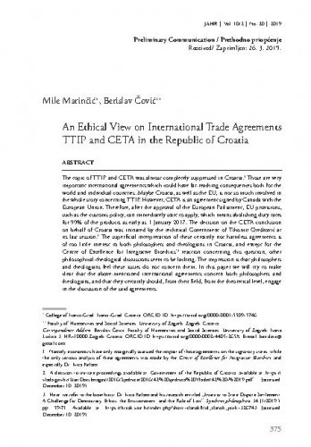 An ethical view on international trade agreements TTIP and CETA in the Republic of Croatia / Mile Marinčić, Berislav Čović.