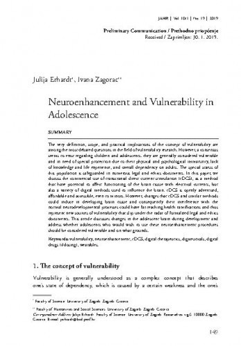 Neuroenhancement and vulnerability in adolescence / Julija Erhardt, Ivana Zagorac.