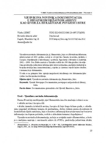 Vjesnikova novinska dokumentacija u Hrvatskom državnom arhivu kao izvor za istraživanje povijesti Istre / Vlatka Lemić.