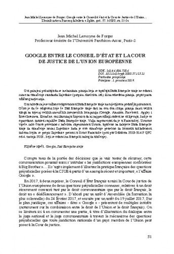 Google entre le Conseil d'État et la Cour de Justice de l'Union Europénne / Jean Michel Lemoyne de Forges.