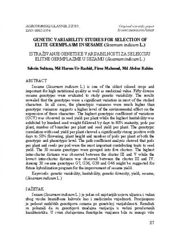 Genetic variability studies for selection of elite germplasm in sesame (Sesamum indicum L.) = Istraživanje genetske varijabilnosti za selekciju elitne germplazme u sezamu (Sesamum indicum L.) / Sabrin Sultana, Md Harun-Ur-Rashid, Firoz Mahmud, Md Abdur Rahim.