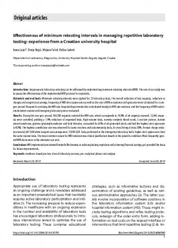 Effectiveness of minimum retesting intervals in managing repetitive laboratory testing : experience from a Croatian university hospital / Ivana Lapić, Dunja Rogić, Mirjana Fuček, Ružica Galović.