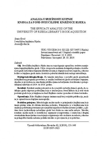 Analiza uspješnosti kupnje knjiga za fond Sveučilišne knjižnice Rijeka = The efficacy analysis of the University of Rijeka Library's book aquisition / Sanja Kosić.