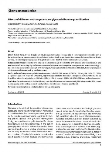 Effects of different anticoagulants on glycated albumin quantification / Graziella Bonetti, Nicola Di Gaetano, Renata Paleari, Ferruccio Ceriotti.