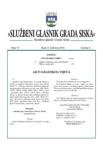 Službeni glasnik Grada Siska  : službeno glasilo Grada Siska : 2,10(2023) / uredništvo Gordana Karapandža Prica ... [et al.].