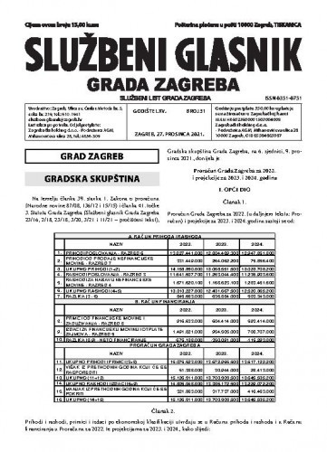 Službeni glasnik grada Zagreba : 65, 31(2021) / glavna urednica Mirjana Lichtner Kristić.