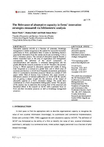 The relevance of the absorptive capacity in firms' innovation strategies measured via bibliometric analysis / Ernest Vlačić, Marina Dabić, Marli Gonan Božac.
