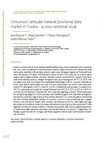Consumers' attitudes towards functional dairy market in Croatia : a cross-sectional study / Ines Banjari, Maja Domiter, Tihana Ostrognjaj, Ivana Petrović Vidić.