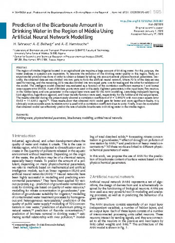 Prediction of the bicarbonate amount in drinking water in the region of Médéa using artificial neural network modelling / Hichem Tahraoui, Abd Elmouneïm Belhadj, Adhya-Eddine Hamitouche.