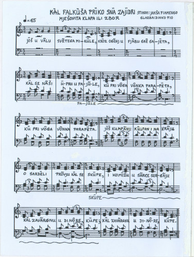 Kal falkuša priko sna zajidri : mješovita klapa ili zbor / glazba Dinko Fio ; tekst Jakša Fiamengo.