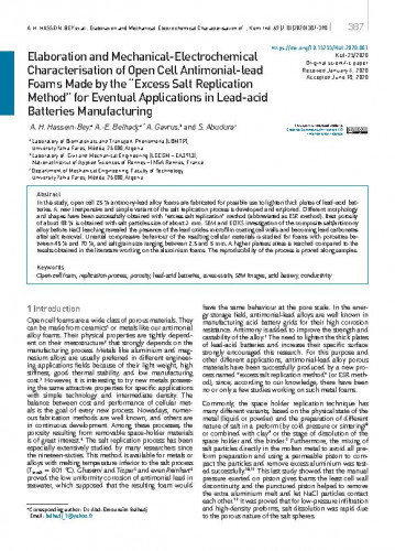 Elaboration and mechanical-electrochemical characterisation of open cell antimonial-lead foams made by the "excess salt replication method" for eventual applications in lead-acid batteries manufacturing / Amel Hind Hassein-Bey, Abd-Elmouneïm Belhadj, Adinel Gavrus, Salam Abudura.