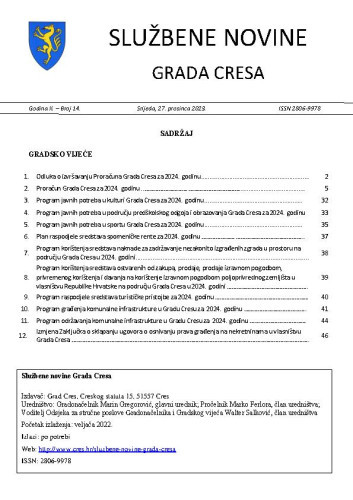 Službene novine Grada Cresa : 2,14(2023)  / Marin Gregorović, glavni urednik.