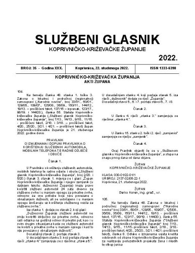 Službeni glasnik Koprivničko-križevačke županije : 30,35 (2022)  / glavni i odgovorni urednik Marina Jakšić.