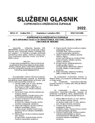 Službeni glasnik Koprivničko-križevačke županije : 30,37 (2022)  / glavni i odgovorni urednik  Ljubica Belobrk Flamaceta.
