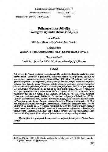 Psihometrijska obilježja Youngova upitnika shema : (YSQ-S3) / Irena Mišetić, Andreja Bubić, Vesna Antičević.