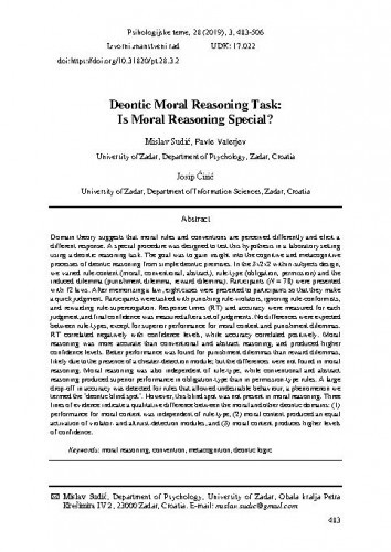 Deontic moral reasoning task : is moral reasoning special? / Mislav Sudić, Pavle Valerjev, Josip Ćirić.