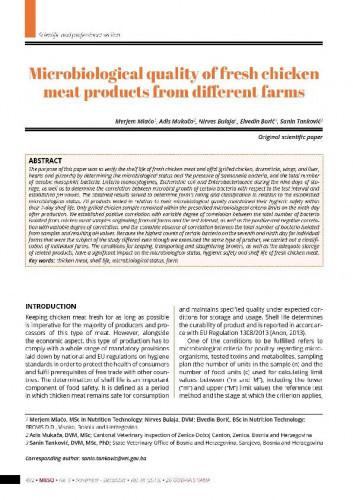Microbiological quality of fresh chicken meat products from different farms   / Merjem Mlaćo, Adis Mukača, Nirves Bulaja, Elvedin Borić, Sanin Tanković.