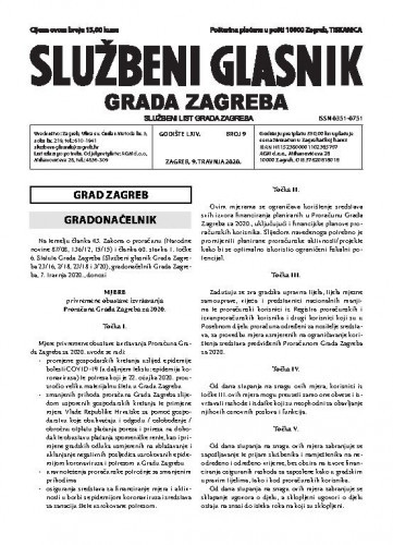 Službeni glasnik grada Zagreba : 64,9(2020) / glavna urednica Mirjana Lichtner Kristić.