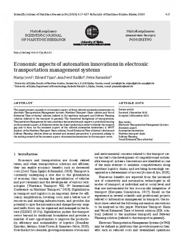 Economic aspects of automation innovations in electronic transportation management systems / Marija Jović, Edvard Tijan, Ana Perić Hadžić, Petra Karanikić.