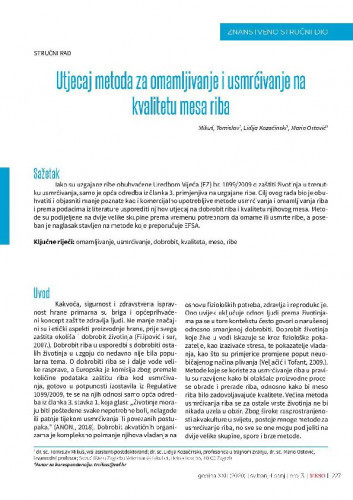 Utjecaj metoda za omamljivanje i usmrćivanje na kvalitetu mesa riba   / Tomislav Mikuš, Lidija Kozačinski, Mario Ostović.